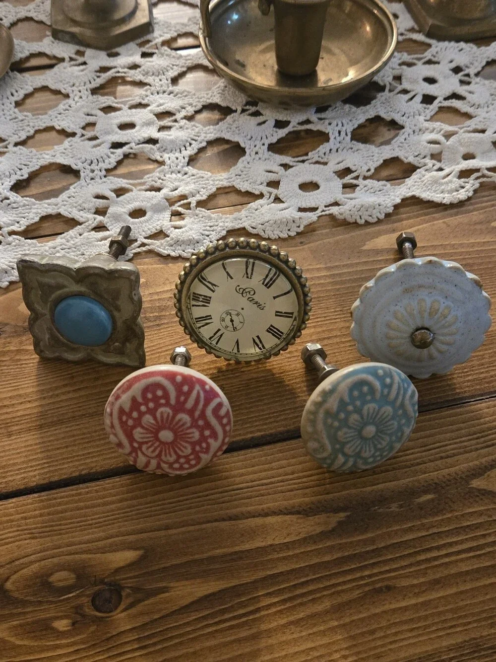 Set Of Ceramic Floral & Clock Drawer Pulls - Blue, Red, Turquoise, White